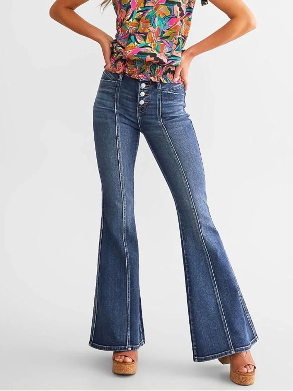 Flying Monkey High Rise Front Seam Exposed Button Fly Super Flare Jeans Size 30